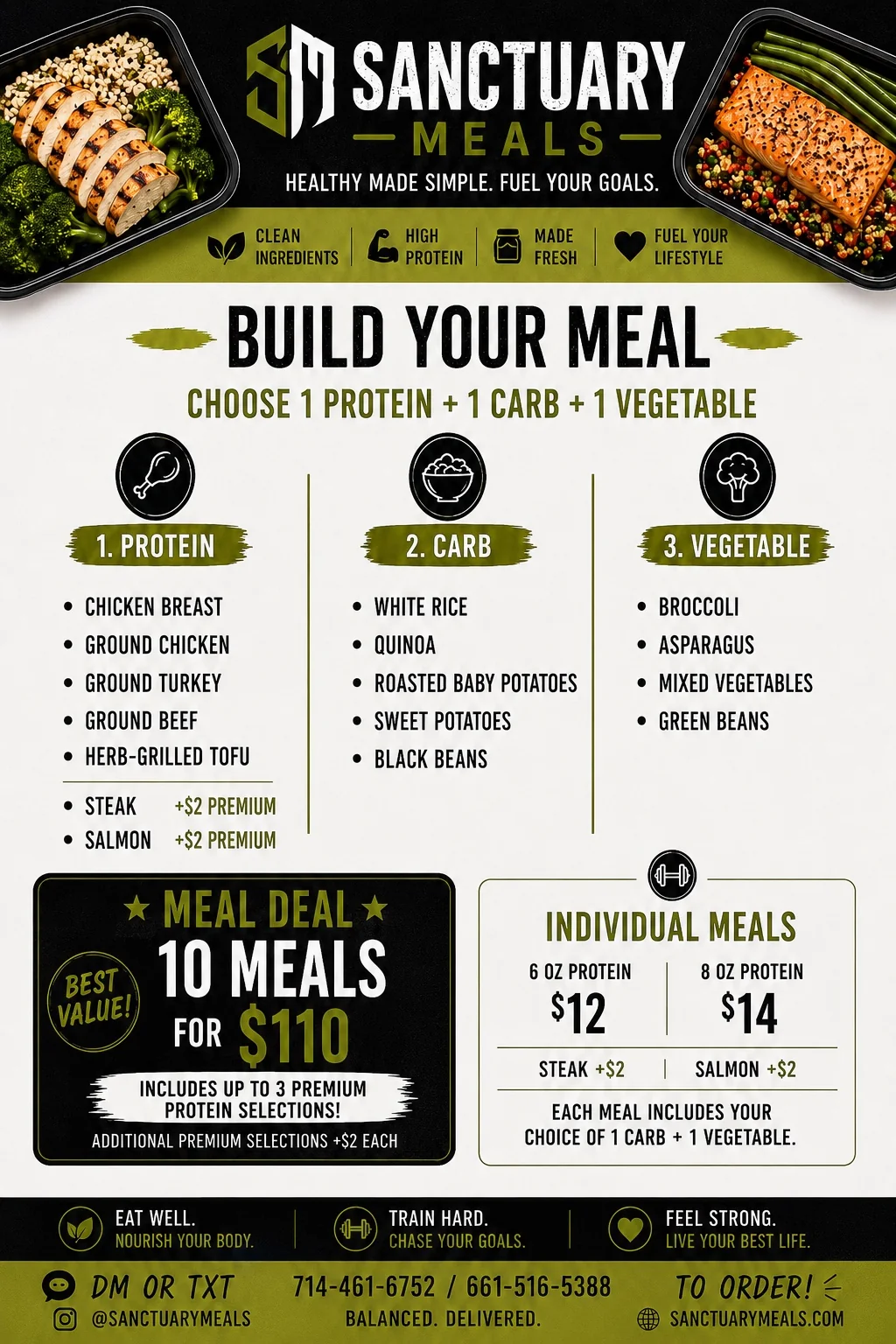 Sanctuary Meals build your meal guide with proteins, carbs, vegetables and pricing