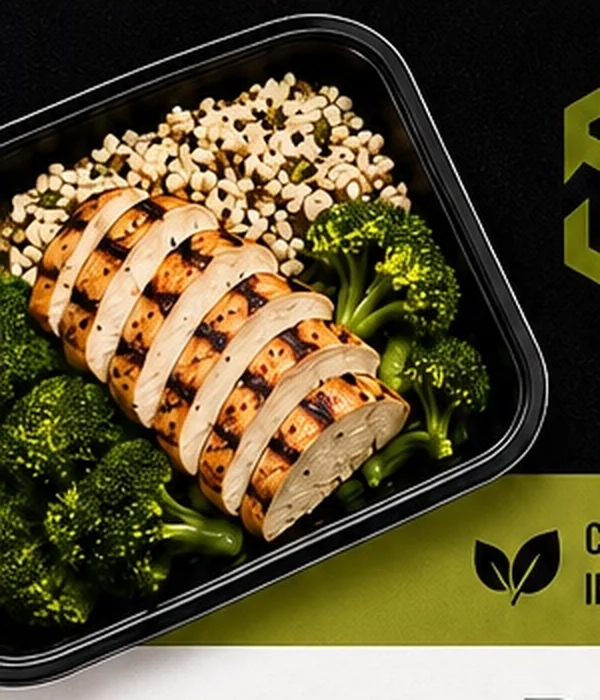 Prepared chicken meal with grains and broccoli