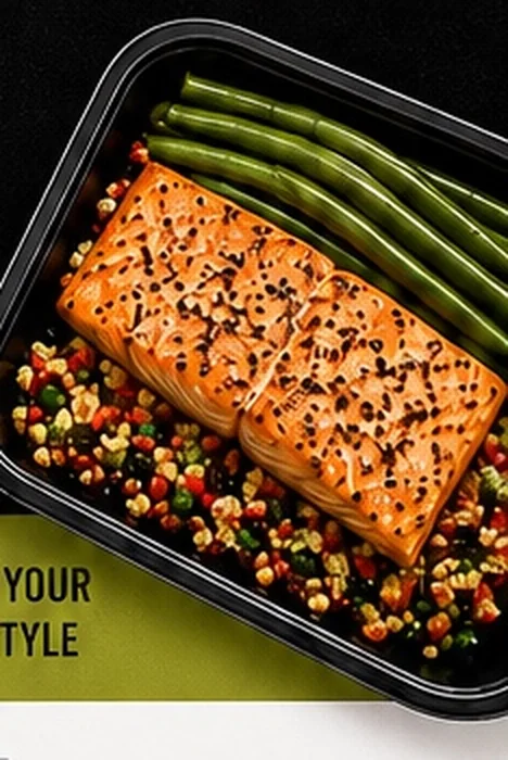 Prepared salmon meal with vegetables and grains